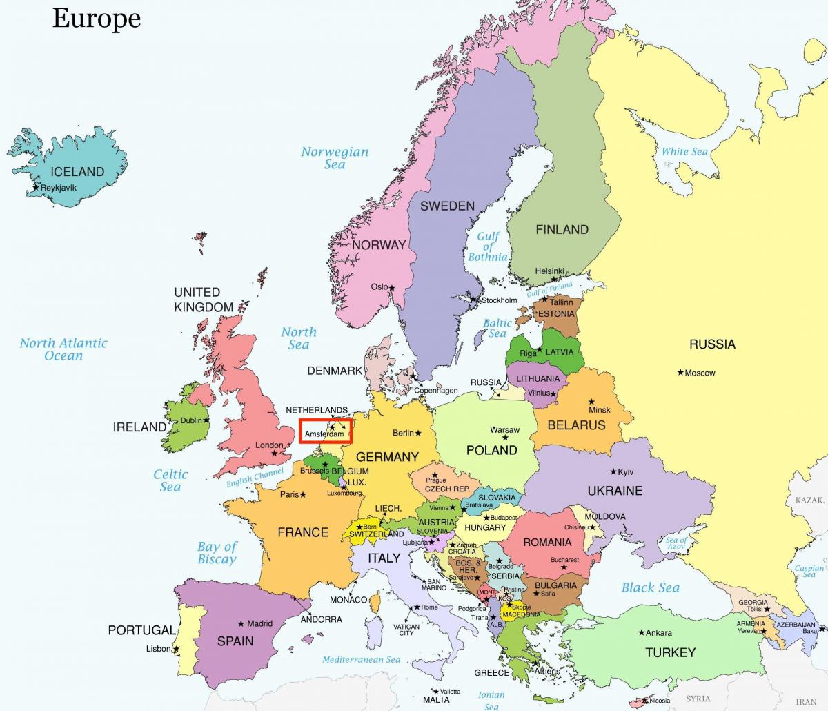 Амстердам на карте Европы